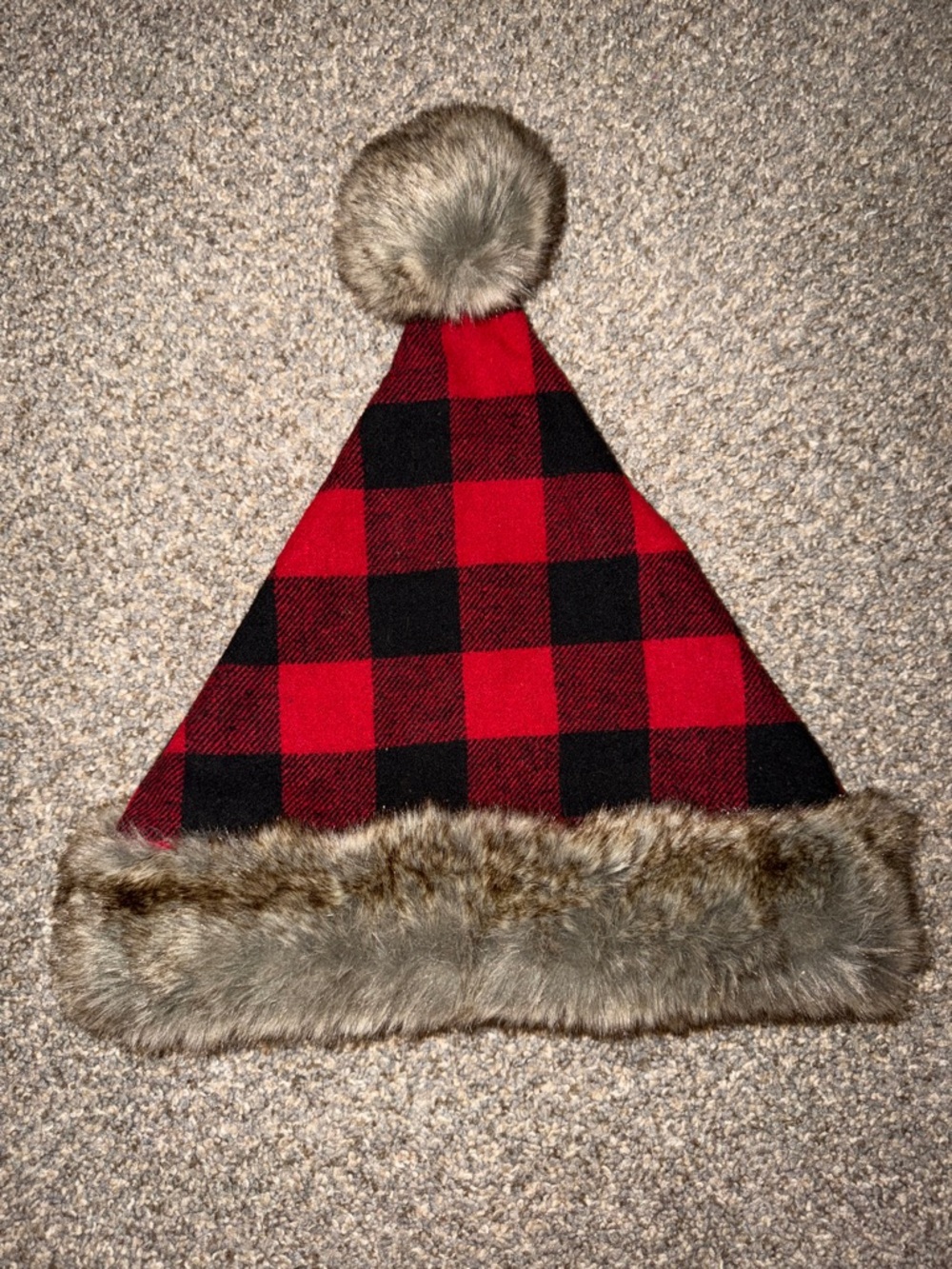 Eddie Bauer Buffalo Check Plaid Scarlet Santa Pom Pom Fur Beanie Hat One Size